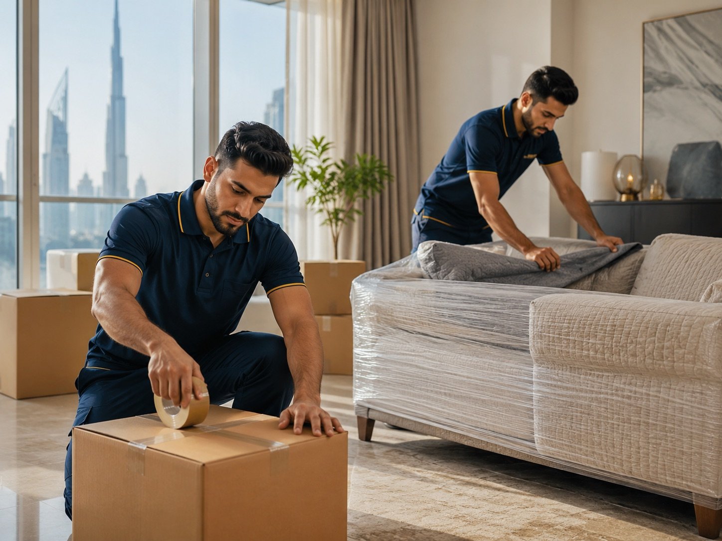 MT Movers UAE crew carefully wrapping furniture in a Dubai apartment